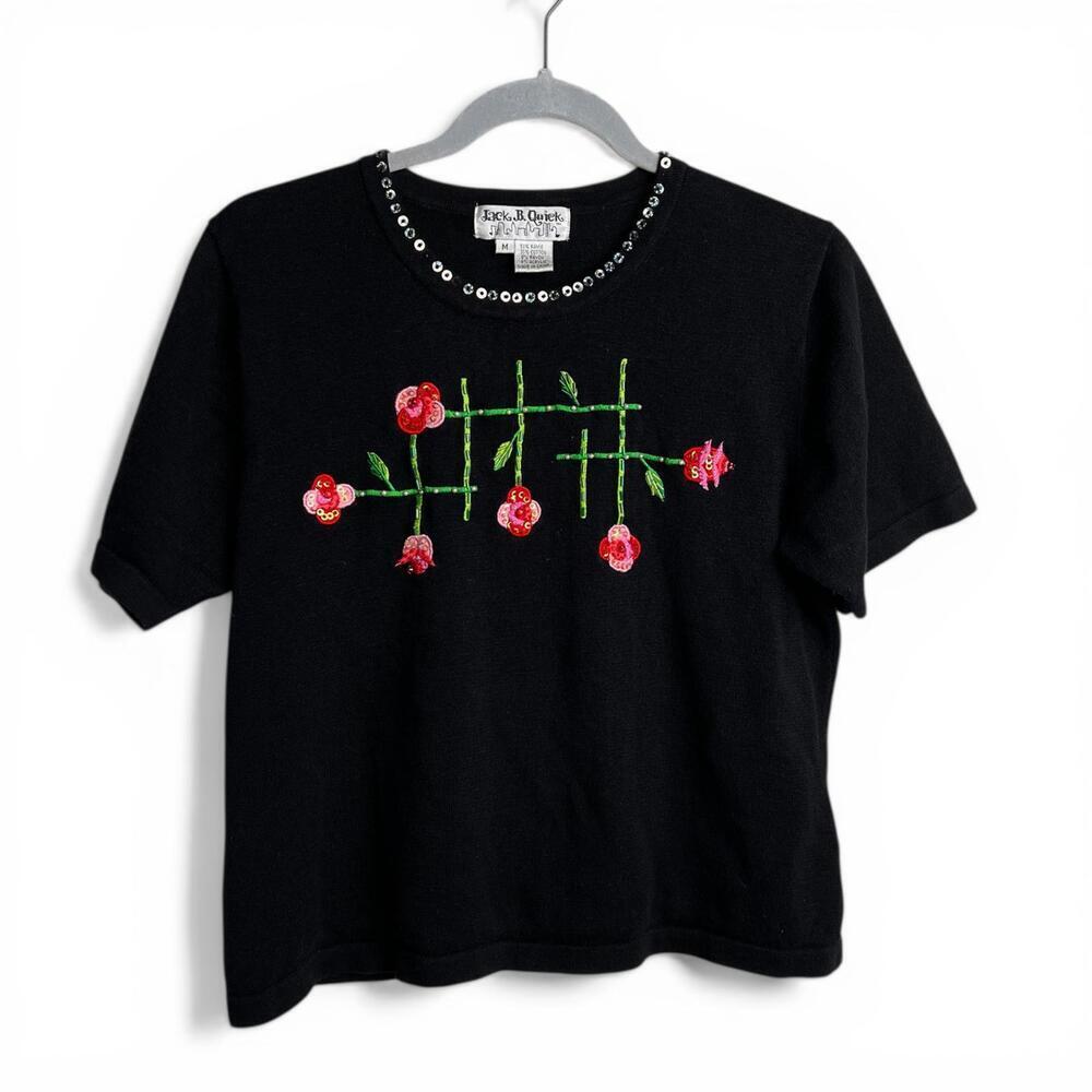 Vintage Jack B. Quick Black Sweater Tee with Floral Embroidery and Sequin Neck